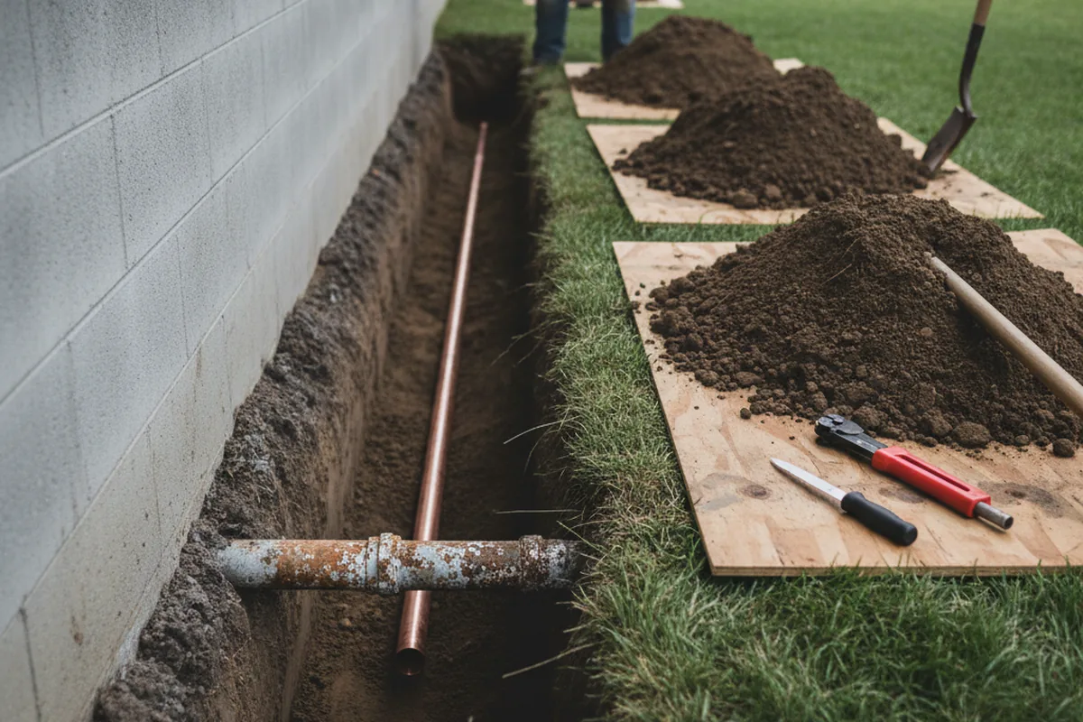 Excavated water line trench during Sewer Line Repair in North Lawrence